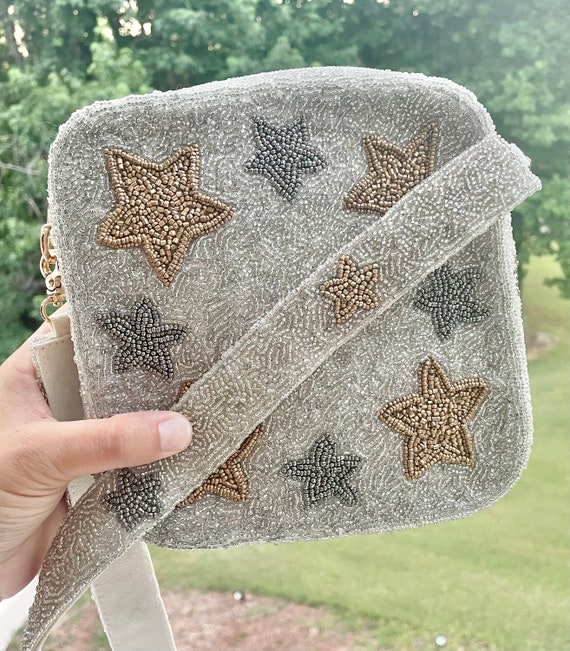 White Box Bag Purse With Stars / Gold Silver / Beaded / Zipper 