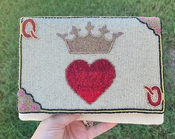 Beaded Queen Of Hearts Clutch Purse / Black White Red / Casino Vegas Snap Closure / Chain Shoulder Strap Crossbody Seed Beads / Unique Gift