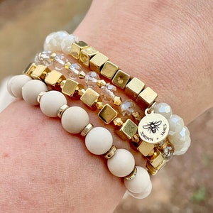 Beaded Bracelet Set / Set of Four / Metal Glass Beads / Gold Stretch / Boho Bohemaian Style / Stackable Arm Candy / Gifts for Her Bead
