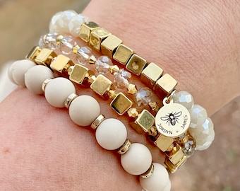 Beaded Bracelet Set / Set of Four / Metal Glass Beads / Gold Stretch / Boho Bohemaian Style / Stackable Arm Candy / Gifts for Her Bead