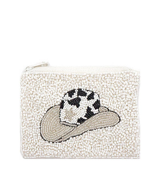 Pink White Cowgirl Hat Beaded Coin Pouch Purse Cow Print Cowboy White Black Zipper Closure 5 Gifts for Her Nashville Bag