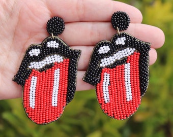 Beaded Tongue Earrings / Red Black White / Statement Jewelry / Kitschy Jewelry / Seed Beads / Stones / Gifts for Her / Unique