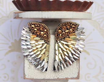 Embellished Wing Earrings / Fan Spike Beaded Crystal / Statement Earrings / Jewelry Gifts For Her / Edgy Vibes / Trendy Casual Fancy / Wings