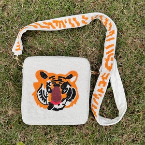 Tiger Box Bag Purse with Removable Strap / Beaded / White / Zipper Closure / Handmade Seed Beads / Gold Hardware / Gifts for Her / Crossbody