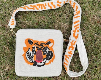 Tiger Box Bag Purse with Removable Strap / Beaded / White / Zipper Closure / Handmade Seed Beads / Gold Hardware / Gifts for Her / Crossbody