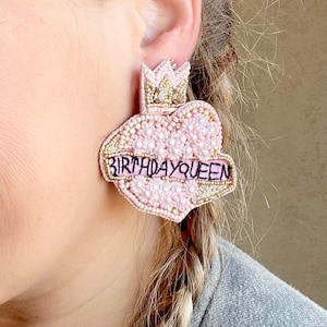 Birthday Queen Seed Bead Earrings / Crown / Choose Color / Statement Jewelry / Feliz Cumpleaños / Fun Kitschy Statement Jewelry / Gifts Her