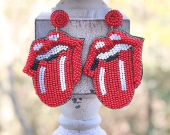 Beaded Tongue Earrings / Red Black White / Statement Jewelry / Kitschy Jewelry / Seed Beads / Stones / Gifts for Her / Unique