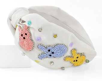 Serre-tête Peeps de Pâques / Haut avec noeud en perles de rocaille / Lapin / ufs / Tenue de Pâques / Accessoire tendance rose blanc / Adulte ou enfant