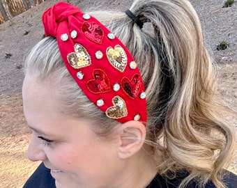 Red White Pink Gold Sequin Heart Headband / Crystal Rhinestone Knot Knotted Top Headbands / Gift for Her Present Valentine’s Day Hearts VDay