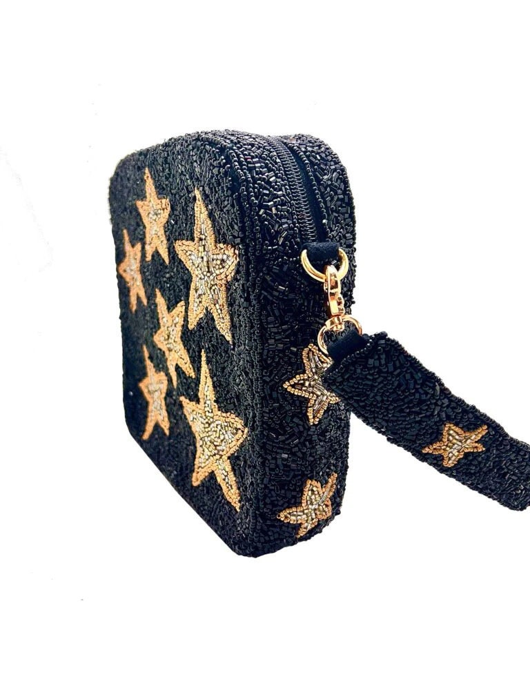 Black Gold Box Bag Purse Stars / Beaded / Zipper Closure