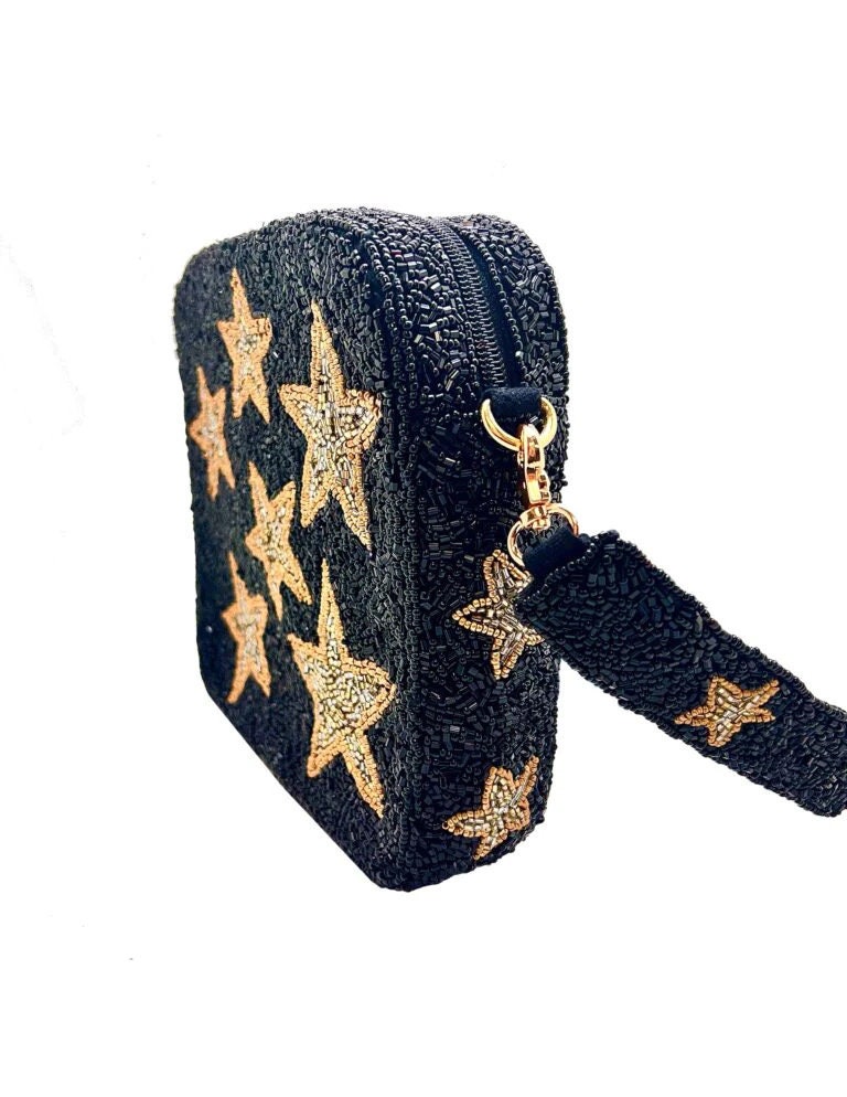 Black and Gold Star Beaded Purse Strap