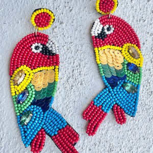Beaded Parrot Earrings Rainbow / Round Post / Seed Beads / Beach Statement Jewelry / Summer Vacation / Tropical Bird / Gifts for Her / Pride