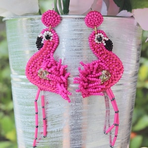 Pink Flamingo Earrings / Beaded Statement / Summer Earrings / Trendy Gifts for Her / Flamingos / Trendy Jewelry / Vacation Earring Big Large