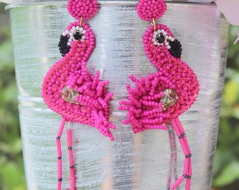 Pink Flamingo Earrings / Beaded Statement / Summer Earrings / Trendy Gifts for Her / Flamingos / Trendy Jewelry / Vacation Earring Big Large