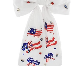 4th of July Bow / Hairbow / Red White Blue / Beaded Rhinestone Seed Bead Big Ribbon Hair Pins / American Flag Gifts for Her / Headband Girl