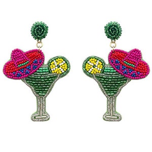 Cinco De Mayo Earrings / Margarita Sombrero Seed Bead / Fiesta / May 5 / Mexico / Holiday Gifts for Her / Large Statement Kitschy / Lime