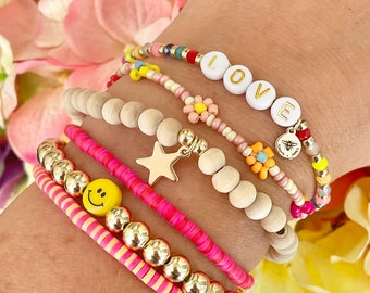 Smiley Face Clay Beaded Bracelets / LOVE Flowers / Set of Six / Multicolor / Summer Jewelry / Choose Your Color / Gifts for Her / Beachy