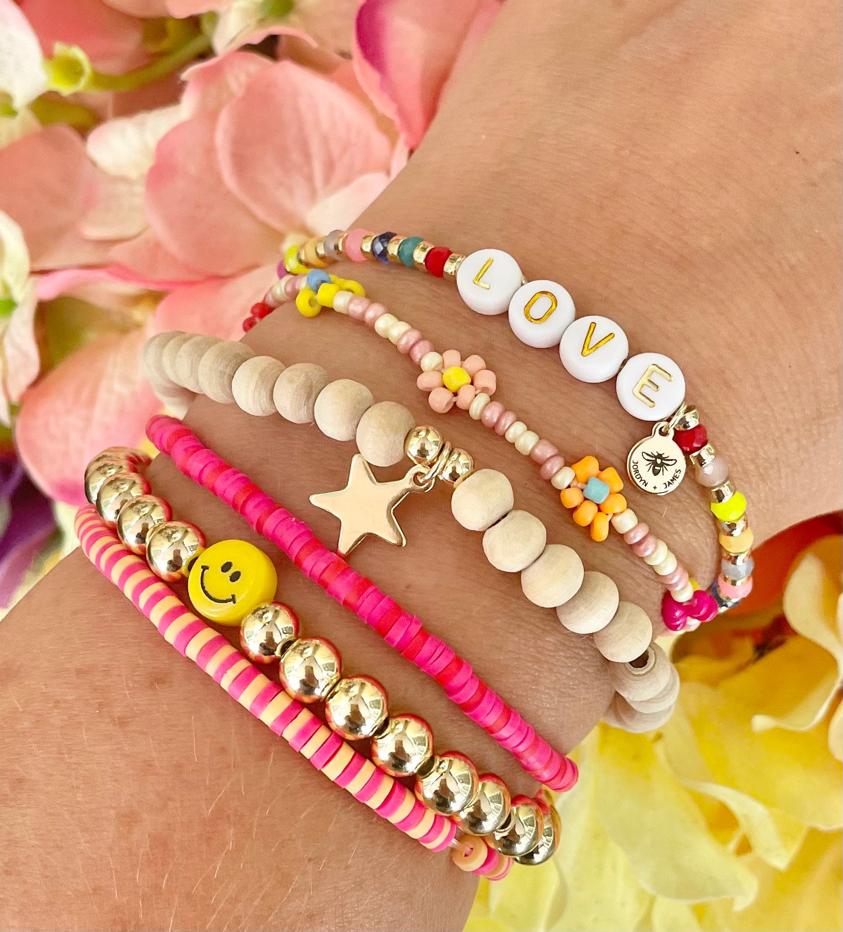 Smiley Face Clay Beaded Bracelets / LOVE Flowers / Set of