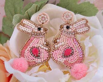 Orecchini Pendenti A Cuore Con Coniglietto, Perle E Strass - Gioielli Boho Donna In Oro - 3