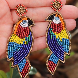 Beaded Parrot Earrings Rainbow / Round Post / Seed Beads / Beach Statement Jewelry / Summer Vacation / Tropical Bird / Gifts for Her / Pride