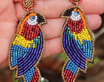 Beaded Parrot Earrings Rainbow / Round Post / Seed Beads / Beach Statement Jewelry / Summer Vacation / Tropical Bird / Gifts for Her / Pride