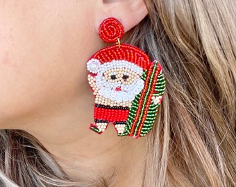 Santa Christmas Earrings / Swim Trunks Surfboard / Seed Bead / Statement Earring / Stocking Stuffer / Gifts for Her / Kitschy Jewelry