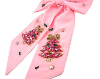 Pink Christmas Tree Bow / Pink / Beaded Rhinestone Seed Bead / Big Ribbon / Hair Pins / Gold Multicolor / Giftd for Her / XMas