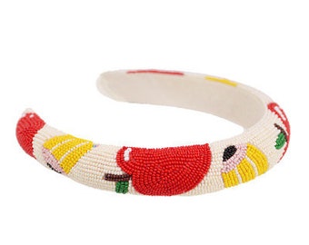 Teacher / Back to School Headband / Beaded / Kitschy Gift / Ivory Red Yellow / Statement Piece / Accessory Gift for Teacher / Apple Pencil