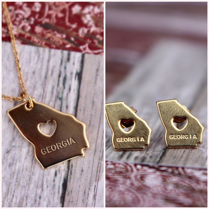 Home Is Where the Heart Is 14K Gold Dipped Jewelry Necklace Earring Set Engraved State Southern GRITS Simply Southern Heart