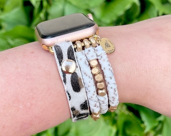 Clay Beaded Leopard Watch Band / Compatible with Apple Watch / 38mm 40mm 41mm / Smart Watch Bracelet / Adjustable Magnetic White Beige Black