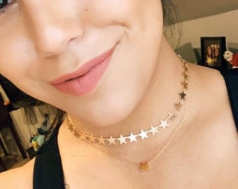 Outer Banks Inspired Choker Necklace / Thick Star Version/ Sarah OBX Star Jewelry Initial / Layered / Gold or Silver / Bohemian / Adjustable