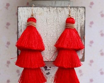 Layered Tassel Earrings / Statement Earring / Choose Your Color / Chain Accent / Gifts for Her / Three 3 Layer / Trendy / Summer Earrings