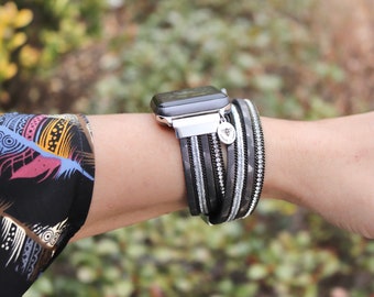 Leopard Wrap Watch Band / Compatible with Apple / 42mm 44mm 45mm / Animal Print Iridescent Cheetah Faux Leather / Rhinestone One Size Watch