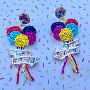 Happy Birthday Seed Bead Earrings / Balloons / Statement Jewelry / Feliz Cumpleaños / Fun Kitschy Statement Jewelry / Gifts for Her