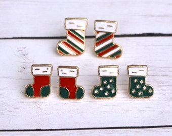 Stocking Stud Earrings / Christmas Studs / Gold Green Red / Stocking Stuffer / Gifts for Her / Trendy Jewelry / Tacky Sweater / Present