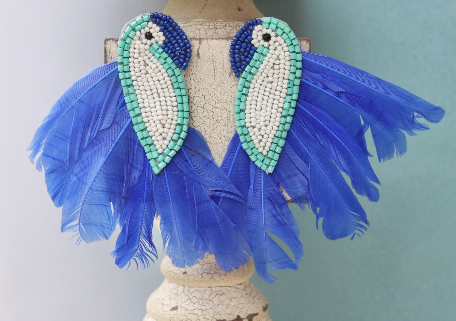 Beaded Bird Earrings / Feather / Beach Statement Jewelry / Etsy
