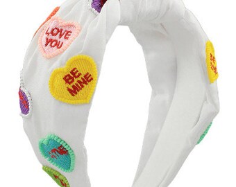Candy Hearts Valentine’s Day Headband / White  Multicolor / Knot Knotted Top Headbands / Gift Her / Present Valentine Valentines Heart VDay