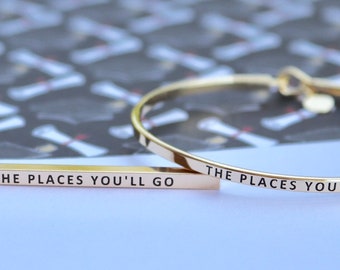 The Places You'll Go Bangle Necklace / Stackable / Engraved 14K Dipped Bar Necklace / Gold / Silver / Rose / Graduation Gift / Dr. Seuss