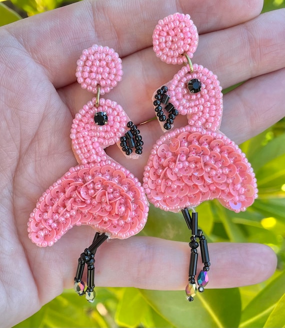Pink Flamingo Earrings Beaded Statement Summer Earrings
