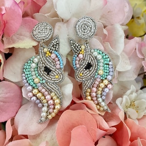 Unicorn Earrings / Seed Bead Beaded / Kitschy Unique / Statement Earring / Unicorns / Gift for Her Women / Birthday Gift / Magical / Large