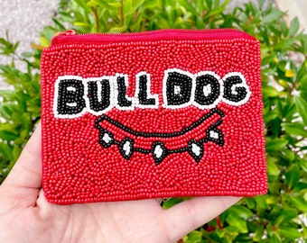 Custodia per monete con perline del giorno del gioco / Portamonete / Georgia / Abbigliamento borsa del giorno del gioco / Rosso Nero Bianco / Chiusura con cerniera / 5" / Regali per lei SIC EM Woof Woof