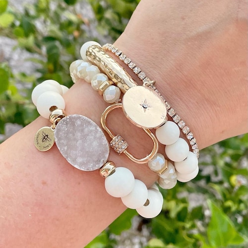 Wooden Druzy Beaded Bracelets / Set of Four Wood / Stretch Bead
