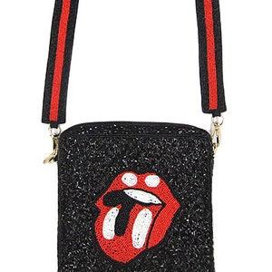 Monedero con caja de lengüeta con cuentas / Negro Rosa Rojo / Cierre de cremallera / Bandolera con correa para el hombro / Cuentas de semillas / Piedras / Regalos únicos Su noche fuera