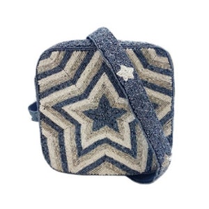 Blue Box Bag Purse with Stars / Beaded / Zipper Closure / Handmade Seed Beads / Gold Hardware / Unique Gifts for Her / Crossbody Long Strap