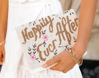 Beaded Happily Ever After Clutch Purse / Snap Closure / Chain Shoulder Strap / Seed Bead / Wedding Gift / Bachelorette Gift / Mixed Metals
