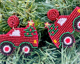 Red Truck Christmas Tree Earrings / Seed Bead / Statement Earring / Stocking Stuffer / Gifts for Her / Kitschy Jewelry Tacky Sweater