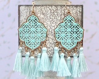 Filigree Arabesque Tassel Earrings Statement / Choose Your Color / Bohemian Boho / Gifts for Her /Multi Tassel Metal Gold / Medallion Cutou