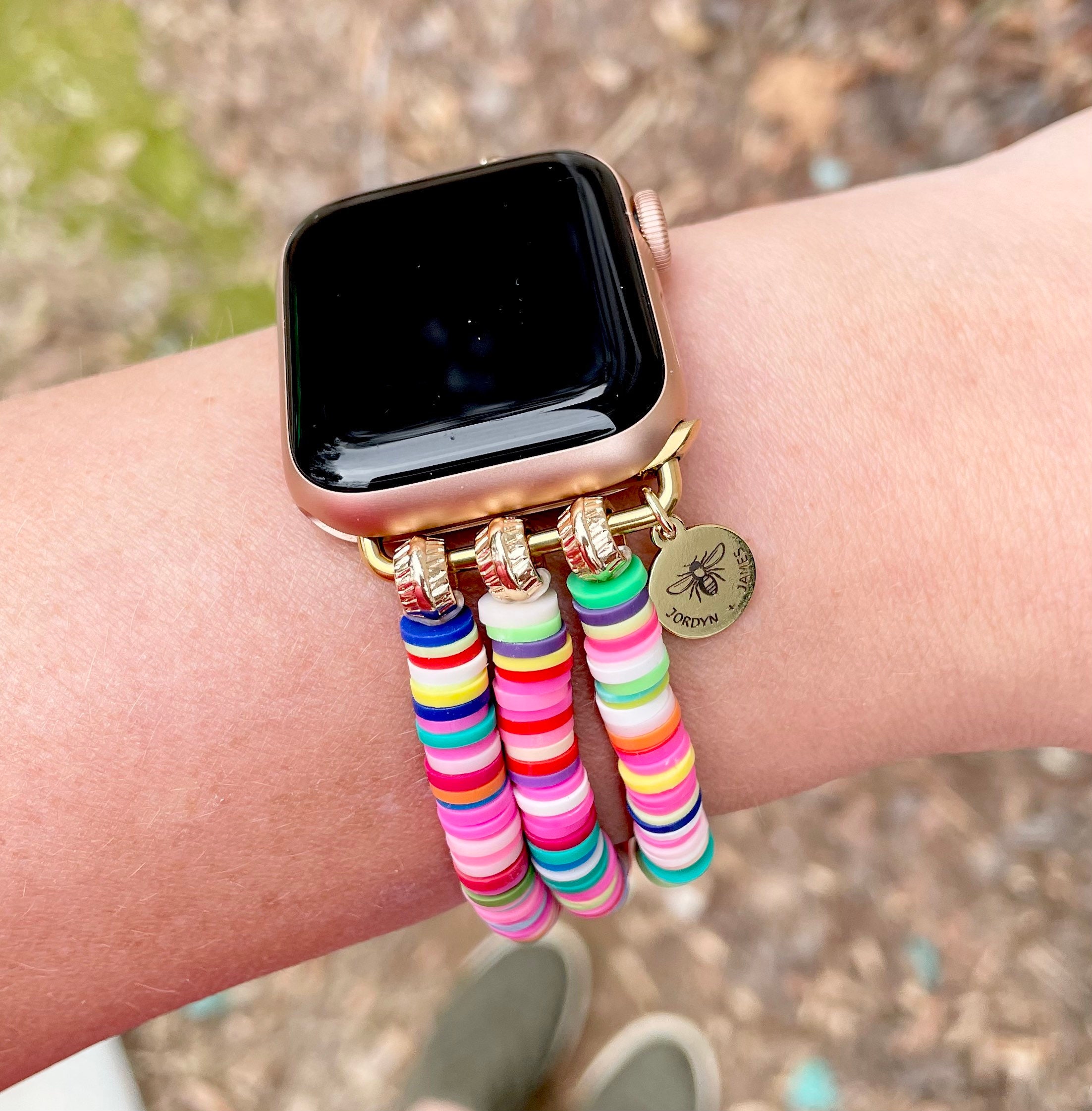 JordynJamesCo Clay Apple Watch Band / Rainbow Beaded / Neon Multicolor Brown Black Mustard 38mm 40mm 41 mm / Large / Smart Watch Stretch Bracelet / Custom