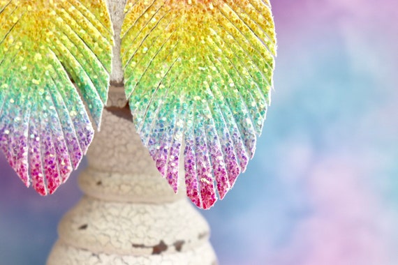 Lavender feather and leather earrings with hints of neon rainbow colors Neon Feather Earrings - Etsy main image 3