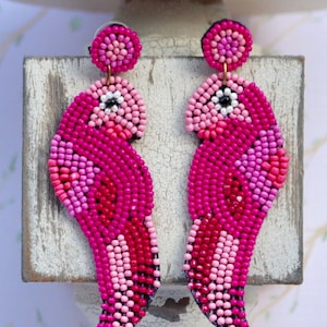 Beaded Parrot Earrings with Round Post / Beach Statement Jewelry / Summer Vacation / Tropical / Bird / Gifts for Her / Acrylic Red Turquoise